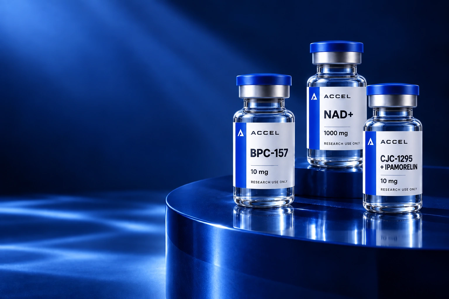 Accel research vials with the redesigned cobalt and white labels